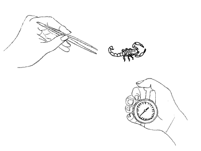Image: hand with forceps, hand with stop-watch, scorpion