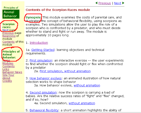 Image: Screen shot of module table of contents, with synopsis and links circled.